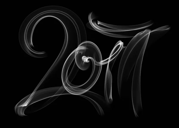 新年快乐 2017 孤立的数字字母写有白色火焰或黑色背景上的烟雾 — 图库照片