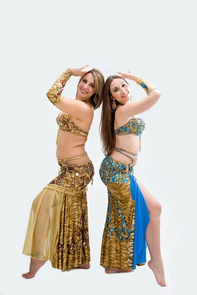 Dos Hermosas Bailarinas Del Vientre Vestidas Oro Azul Aisladas — Foto de Stock