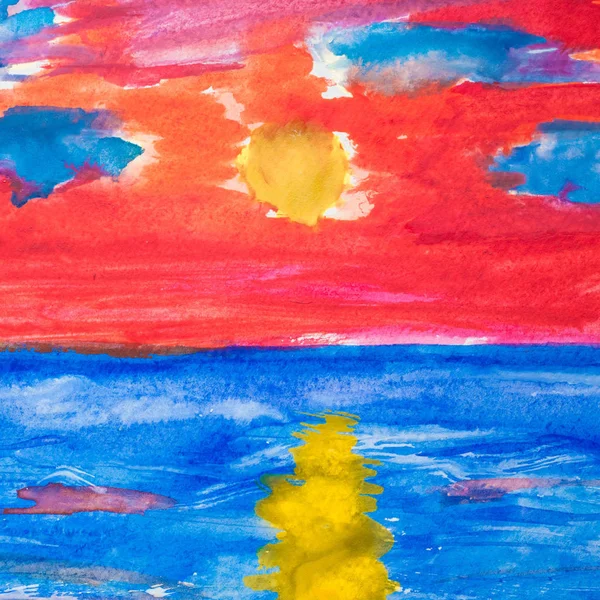 Ζωγραφισμένα Στο Χέρι Φωτεινό Κόκκινο Ηλιοβασίλεμα Στη Θάλασσα Χαρτί Υδατογραφεί — Φωτογραφία Αρχείου