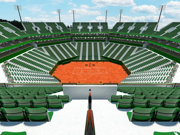 3d render of beautiful modern open tennis clay court stadium with green chairs and VIP boxes for fifteen thousand fans