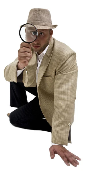 Muž Držící Lupu Blízko Oka Izolovaném Pozadí — Stock fotografie