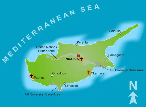 A stylized map of Cyprus showing different cities, airports, both UK sovereign base areas and the United Nations buffer zone.