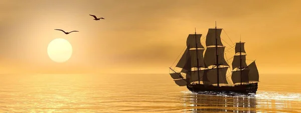 Schöne Detaillierte Alte Handelsschiff Neben Möwen Bei Sonnenuntergang — Stockfoto