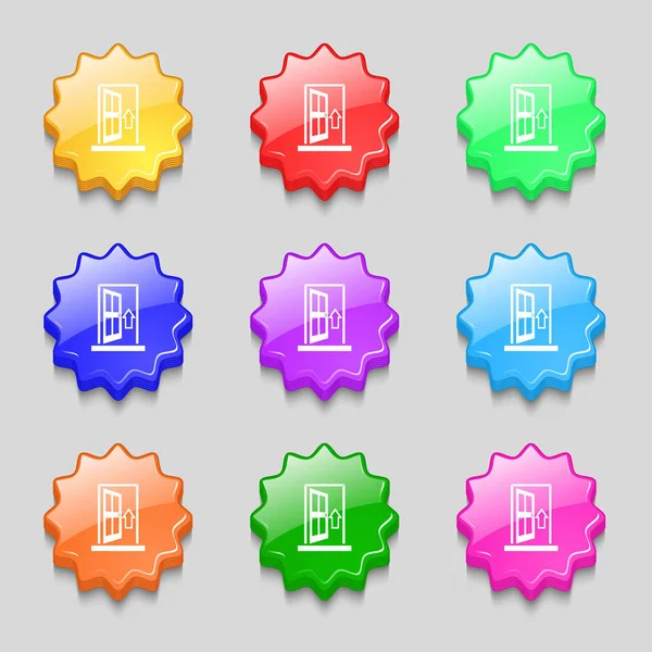 Porta Entrar Sair Sinal Ícone Símbolos Nove Botões Coloridos Ondulados — Fotografia de Stock