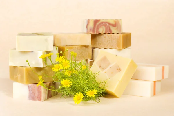 Group Handmade Soap Herbal Material Soap Stack — Stock Photo, Image