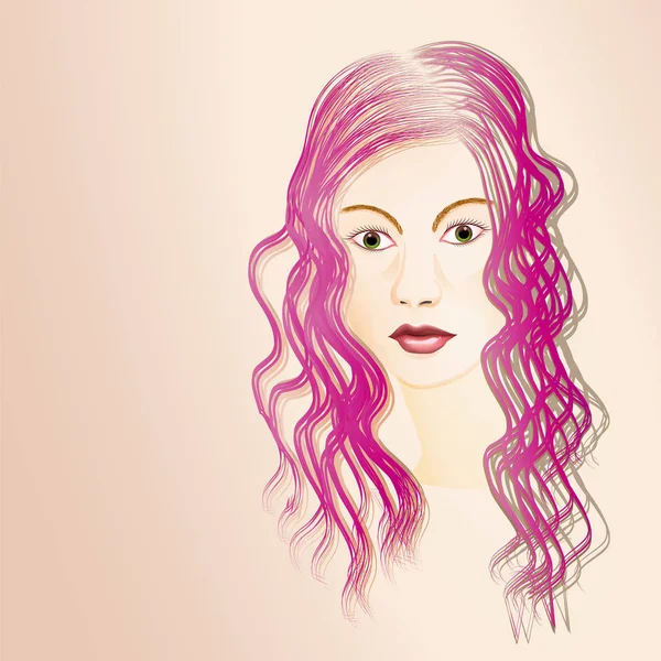 紫のウェーブのかかった髪の長い髪の若い女性の説明された肖像画 — ストック写真