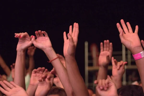 Publiken Tittar Musik Konsert Viftade Armarna Luften — Stockfoto