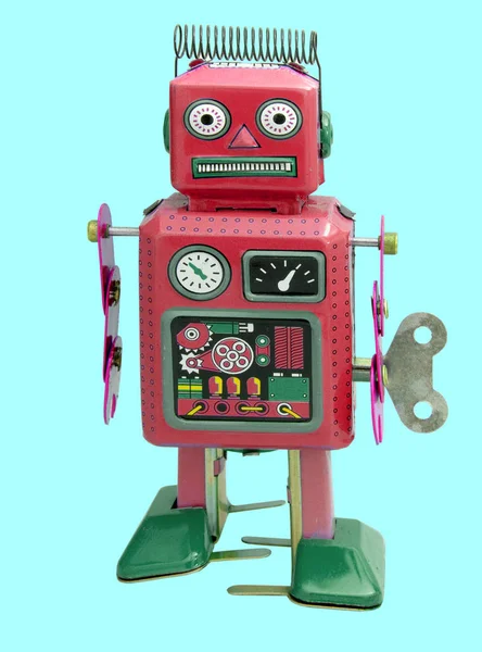 Kleiner Roter Retro Robotermann Mit Hellblauem Hinterteil — Stockfoto