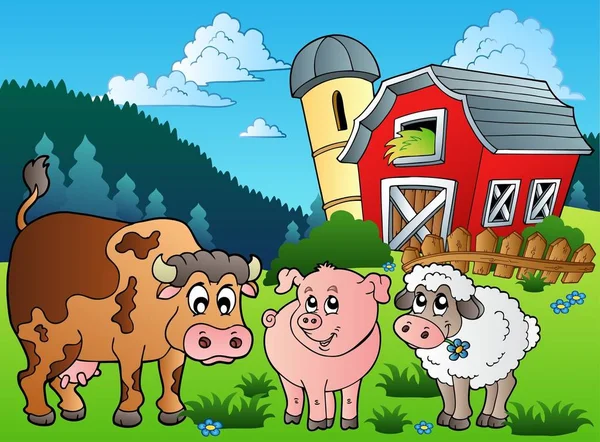 Hayvanlar Ahır Vektör Çizim Yakınındaki Çiftlik — Stok fotoğraf