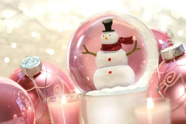 Snow Globe Pink Christmas Balls White Lights Background — Stock Photo, Image