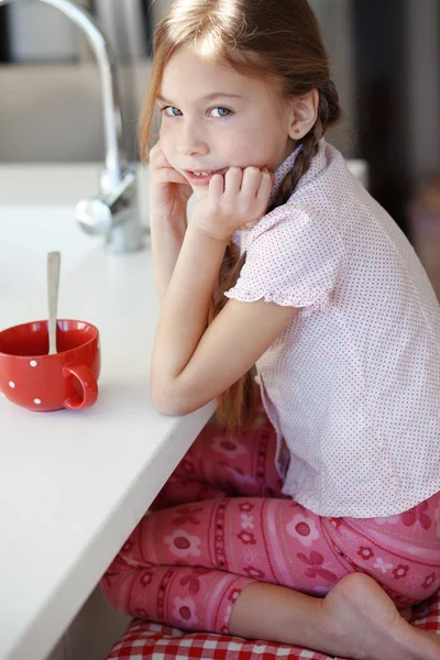 Portrait Child Having Breakfast Kitchen Home — Stock Photo, Image