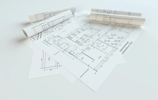 Rolled House Blueprints Gray Background Inglés Ilustración —  Fotos de Stock