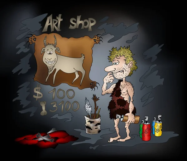 Cartoon Prehistorische Mens Kunstenaar Een Grot Trekt Een Grappige Geit — Stockfoto