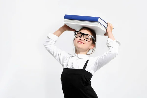 Girl School Uniform White Background Books Her Head — Stock Photo, Image