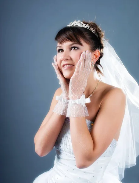 Beauty Young Bride Dressed Elegance White Wedding Dress Gray Studio — Stock Photo, Image