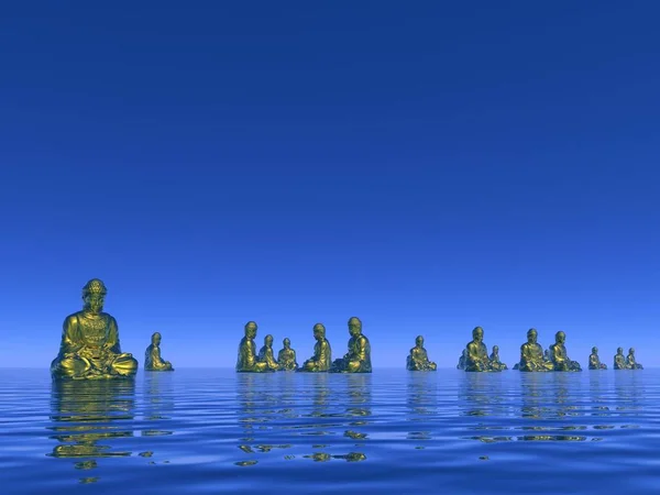 Vele Gouden Boeddha Mediteren Water Door Blauwe Nacht — Stockfoto