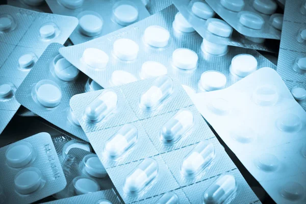 Packs Medical Pills Heap Closeup — Stock Photo, Image