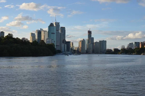 The Brisbane River and Brisbane City from Kangaroo Point. The city Botanic Gardens are to the left, the city centre in the middle and the Story Bridge can be seen to the far right.