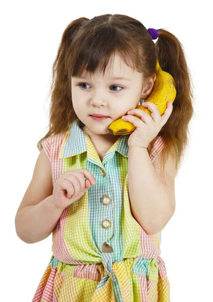 Ragazza Prova Parlare Mezzo Una Banana Invece Telefono — Foto Stock