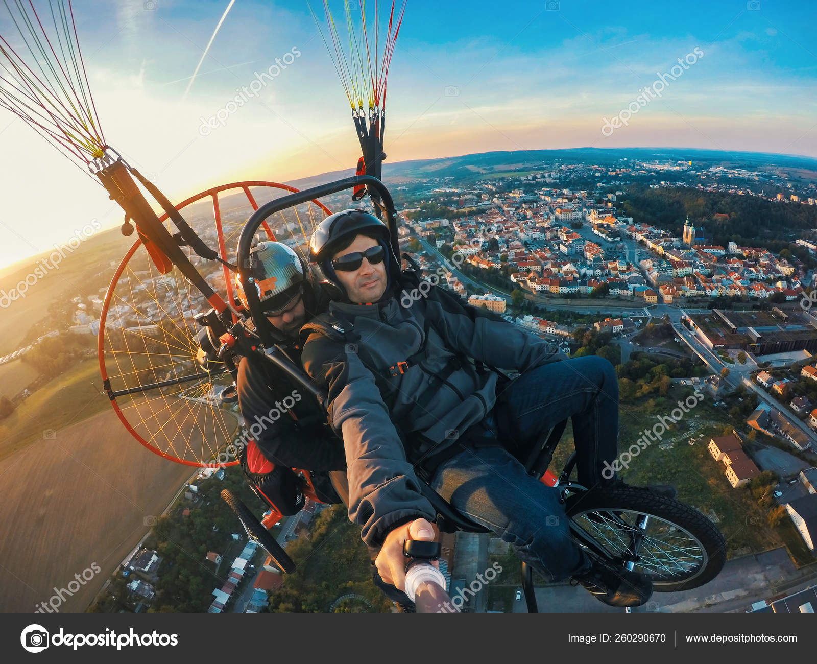 Powered Paragliding Tandem Flight Man Taking Selfie Action Camera Stock