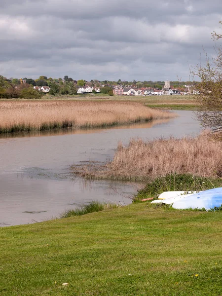 Cañas Río Con Una Ciudad Lejana Costa Marítima Distancia — Foto de Stock