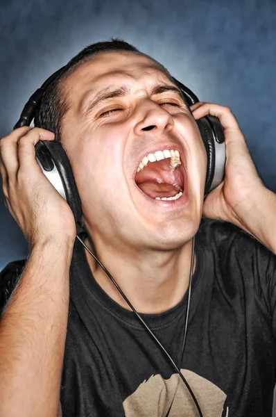 Man Listen Music Headphones Scream Aloud — Stock Photo, Image