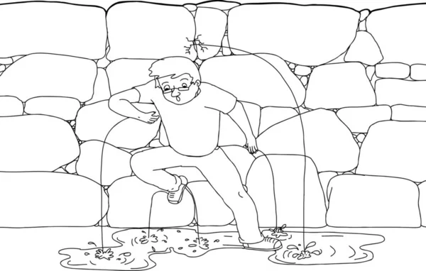 Outline cartoon of worried man covering leaking dam