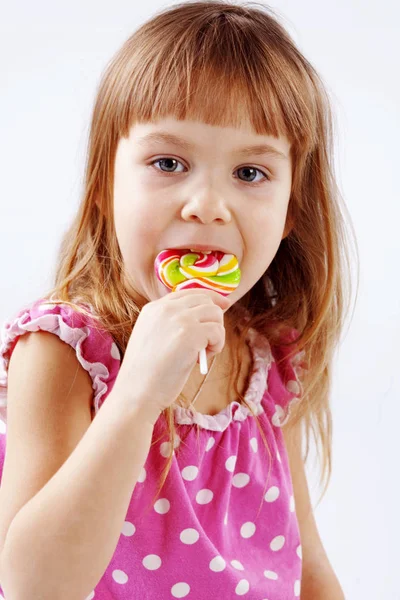 Portret Van Grappige Kind Eten Zoete Suikergoed — Stockfoto