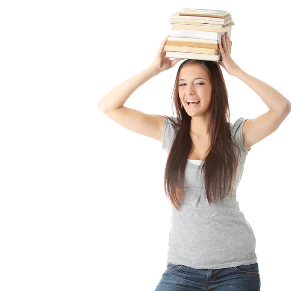 Adolescente Lutando Com Pilha Livros Isolados — Fotografia de Stock