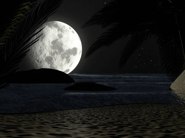 Uma Praia Tropical Noite Luar Sob Céu Estrelado Com Palmeiras — Fotografia de Stock