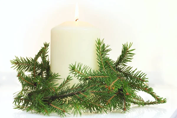 Kerst Kaars Pine Branch Witte Achtergrond — Stockfoto