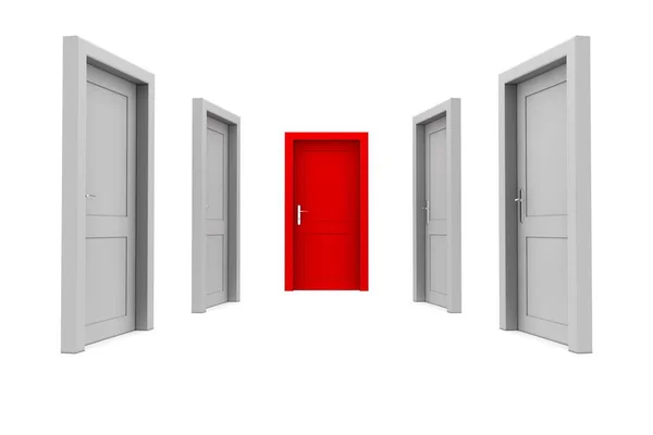Abstrakcyjny Korytarz Czterema Szarymi Drzwiami Jedno Czerwone Drzwi Końcu Korytarza — Zdjęcie stockowe