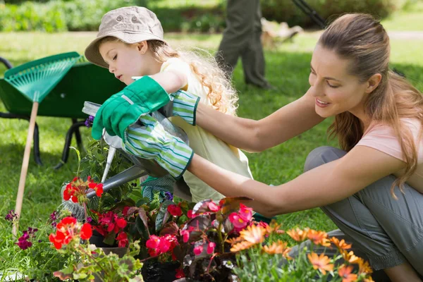 정원에서 식물을 급수하는 어머니와 — 스톡 사진