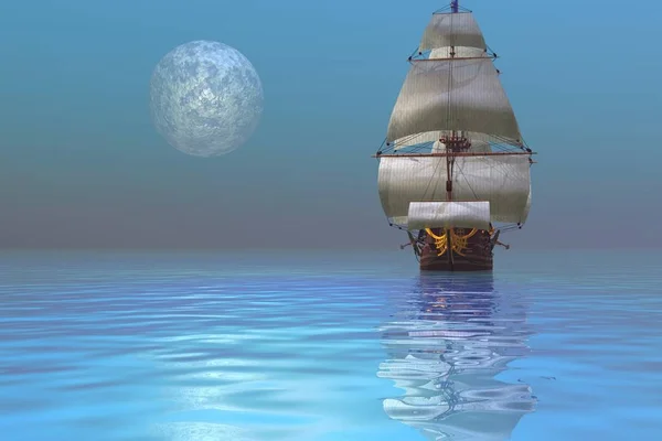 一艘船和月亮的幻想海景 — 图库照片