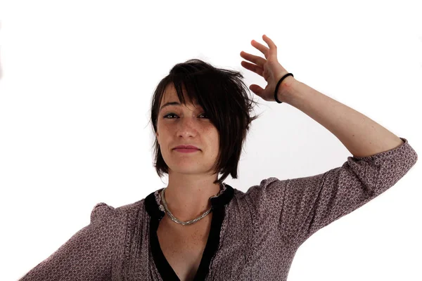 Retrato Una Joven Vestida Gris Jugando Con Pelo Estudio —  Fotos de Stock