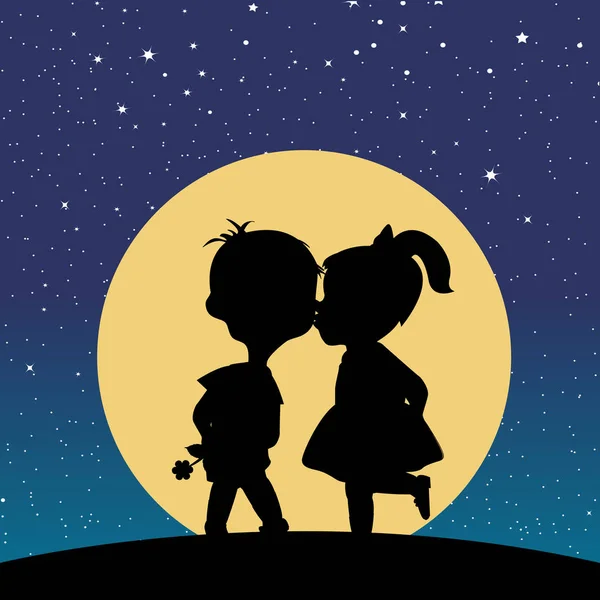 Silhouet Van Een Jongen Een Meisje Kussen Het Maanlicht — Stockfoto