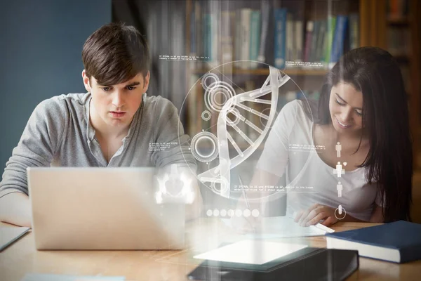 Illustratie Van Dna Tegen Studenten Samen Werken — Stockfoto