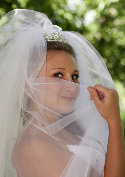 Noiva Está Coberta Uma Tiara Véu — Fotografia de Stock
