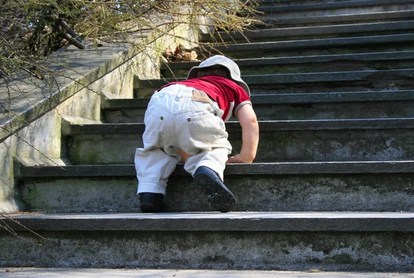 Uma Criança Pequena Tentando Subir Escadas — Fotografia de Stock