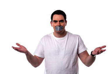 Casual man mouth covered by masking tape clipart