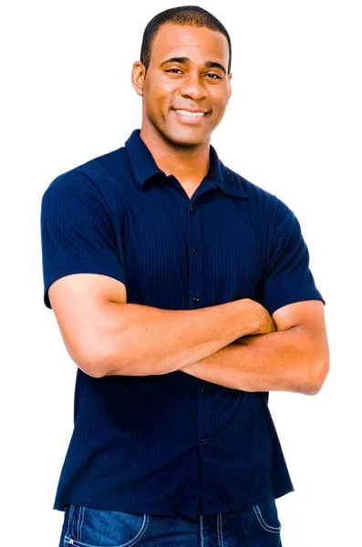 Homem Confiante Posando Sorrindo Isolado Sobre Branco — Fotografia de Stock