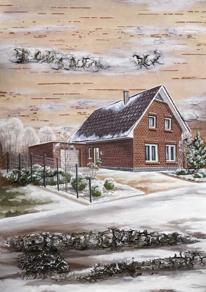 Foto Landhuis Tekening Tempera Een Berkenschors — Stockfoto