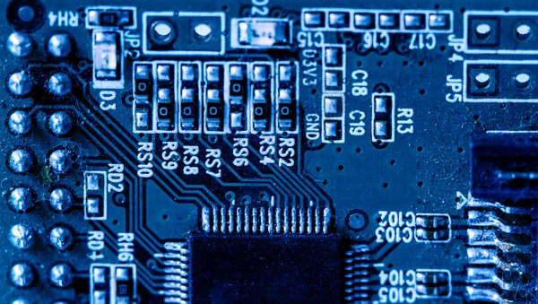 Kék Áramköri Elektronikus Elemek Képe Mako Felvétel — Stock Fotó