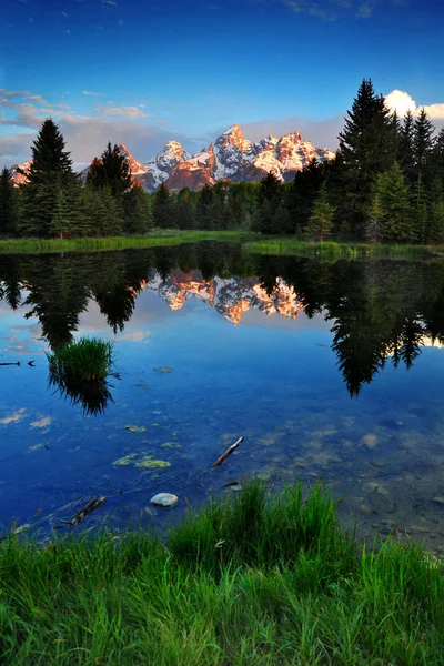 Reflexo Das Montanhas Grand Teton Com Grama Verde — Fotografia de Stock