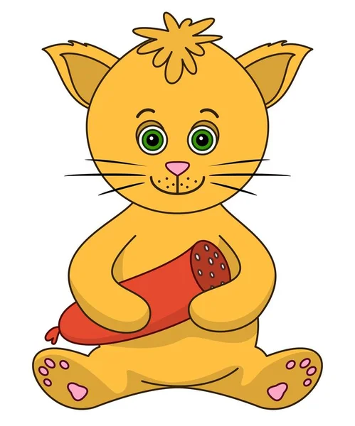 Cheerful Red Toy Cat Smiling Holding Sausage His Paws — Stock Photo, Image