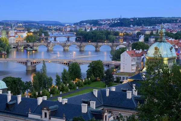 Pontes Praga Sobre Rio Vltava Pôr Sol — Fotografia de Stock