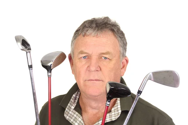 Meget Vred Midaldrende Golfspiller Med Klubber Kigger Kameraet - Stock-foto