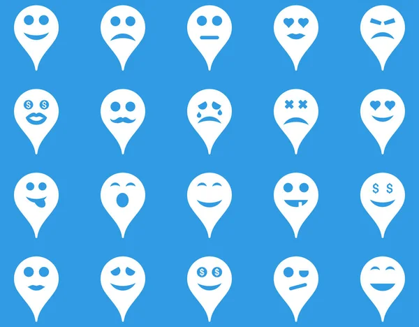 Emotion map marker icons. Glyph set style is flat images, white symbols, isolated on a blue background.