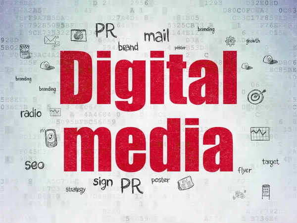 広告コンセプト 手描きのマーケティングアイコンを使用したデジタルデータペーパーの背景に赤いテキストデジタルメディアをペイント — ストック写真