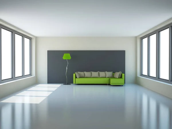 Sebuah Ruangan Besar Dengan Sofa Hijau Dan Lampu — Stok Foto